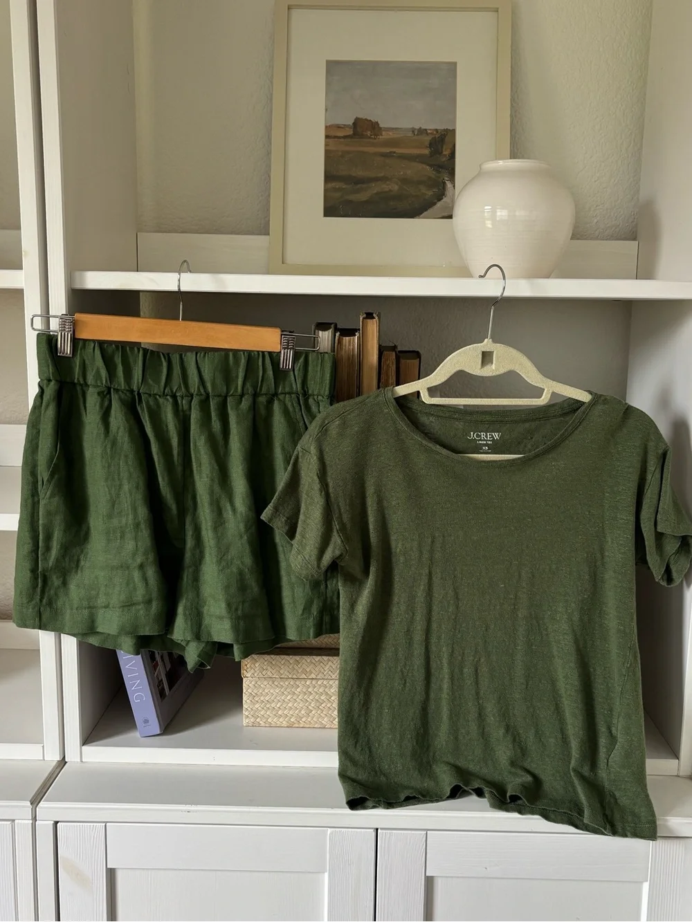 J. Crew Olive Green Linen Pull-On Shorts and Linen T-shirt